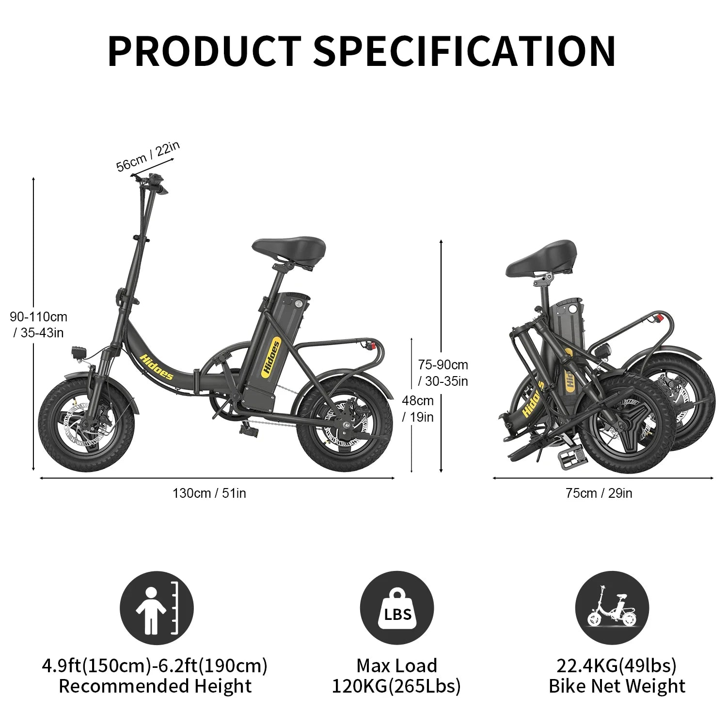 URLIFE C5 Folding Electric Bike - 14 Inch Compact E-Bike – alternate product view 2
